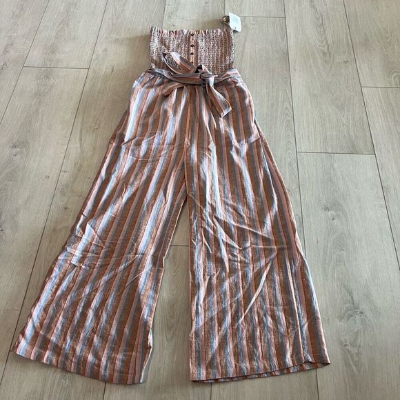 BILLABONG Jumpsuit Striped Wide Leg Cropped Strapless Smocked Beach Flax size m - Picture 1 of 10